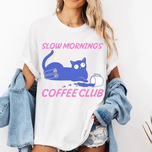 Tops - Funny Cat Coffee Shirt, Cute Cat Gift Shirt, Coffee Lover Tee